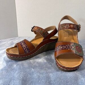L'Artiste Spring Step Roshni Cam Leather Wedge Sandals Floral Brown Camel EU 37
